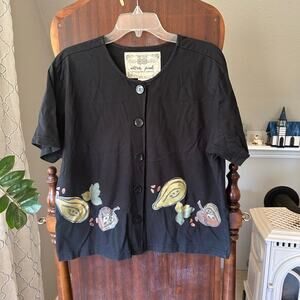 Vintage ultra pink short sleeve black button up top fruit design size large